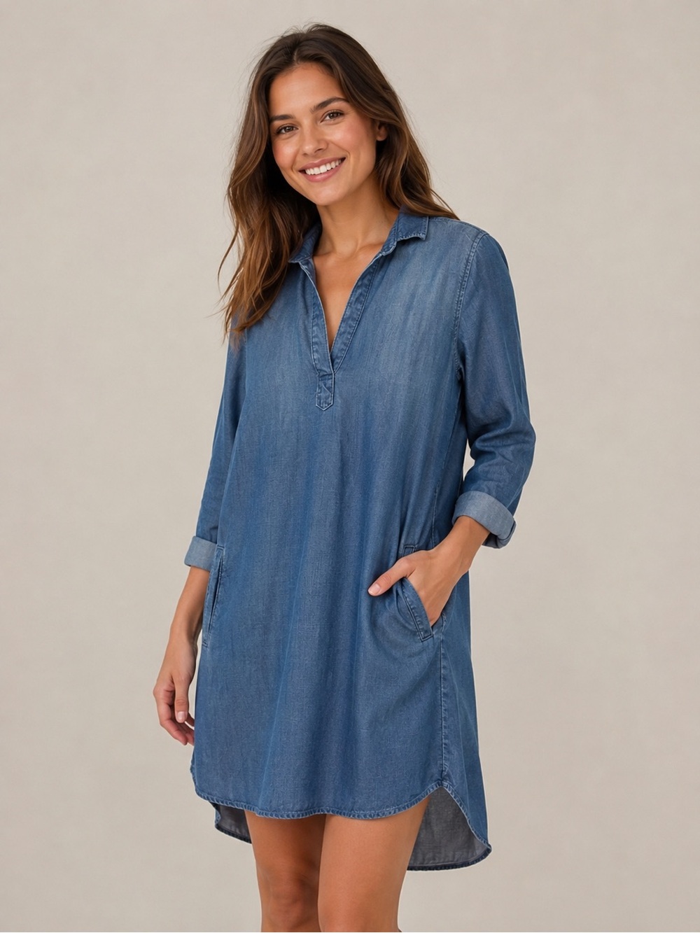 Cloth & Stone Tencel Lyocell Denim Shirt Dress XS Blue Tunic Collared Pockets